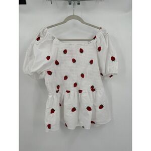 Womens Coquette Smocked Strawberry Top Size 3X Fruit Print Whimsical‎ Picnic